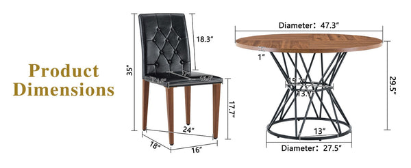 English Elm Table and Chair Set Round Walnut Mdf Top with Four Pu Leather Buckle Dining Seats W1151S04851