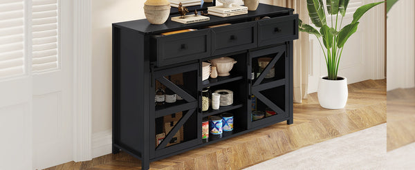 English Elm U_style Industrial Sideboard with Sliding Barn Doors Iron Mesh Panels and Three Drawers Black N711P347384B