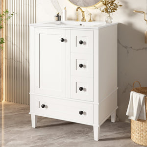 English Elm 24-inch Matte Bathroom Vanity Rubberwood Cabinet with Ceramic Sink and Soft-close Drawers White N729P377516K