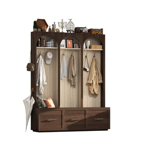 English Elm Farmhouse Hall Tree with Arched Panels Bench Drawers and Hooks for Mudroom Entryway Walnut W5271S00006
