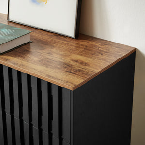 English Elm 6 Drawer Double Dresser Black Grille Striped Doors, Modern MDF & Metal Legs, Sturdy 6-Drawer Storage Elegance W578P193307