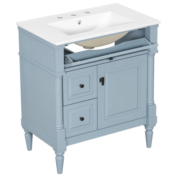 English Elm 30" Freestanding Bathroom Vanity Rubberwood Frame Ceramic Sink Flip Drawer Storage Blue+Grey N725P356062E