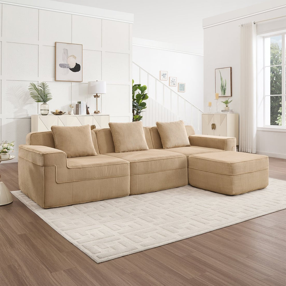 English Elm Modular 3-Seat L-Shape Sectional Sofa, Cloud Comfort In Soft Camel Corduroy With Movable Ottoman & Pillows W3041S00318