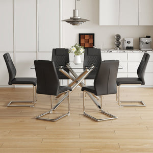 English Elm Table Modern 7-Piece Dining Set With Transparent Tempered Glass Top & 6 Black Pu Chairs, Stylish Design W1151S04128-GIGA