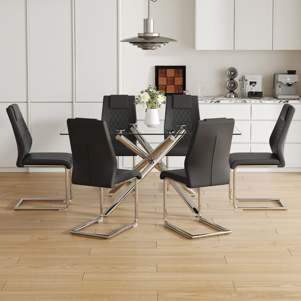 English Elm Table Modern 7-Piece Dining Set With Transparent Tempered Glass Top & 6 Black Pu Chairs, Stylish Design W1151S04128-GIGA