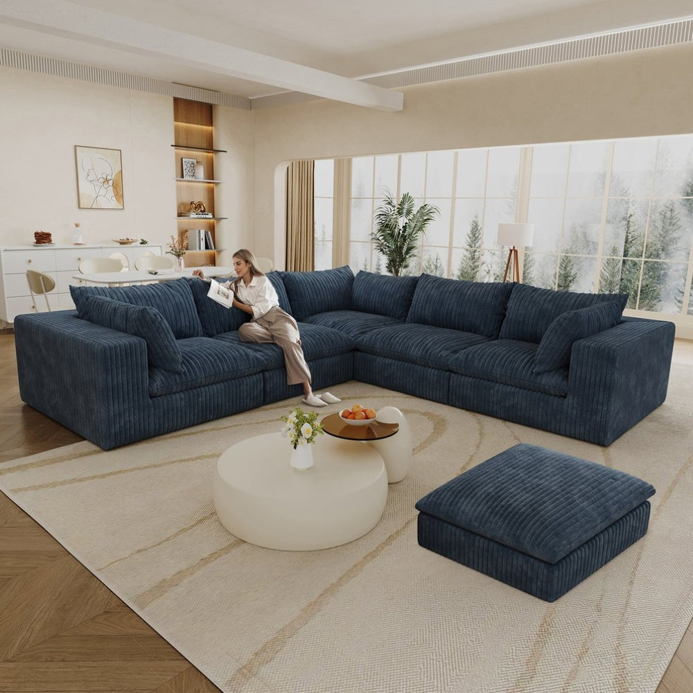 English Elm 118.2" Modular Cloud Sofa Corduroy Upholstered Deep Seat Lounge for Living Room Blue W2824S00156