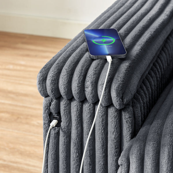 English Elm 71" Plush Corduroy Sofa with Hidden Armrest Storage, USB Charging Port, Solid Wood Frame Comfort Dark Gray W3817P375162