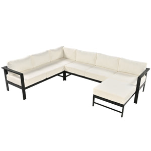 English Elm U-shaped outdoor sofa set with durable aluminum frame, polyspun cushions, high weight capacity and garden-ready style White WY000392AAA