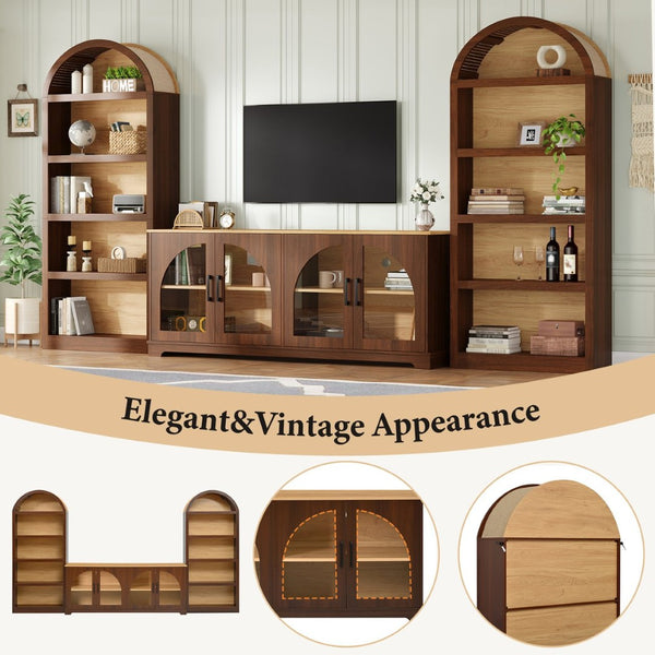 English Elm 3-piece Farmhouse Entertainment Center with Arched Glass Doors and Open Tower Shelving Walnut N721S000070P