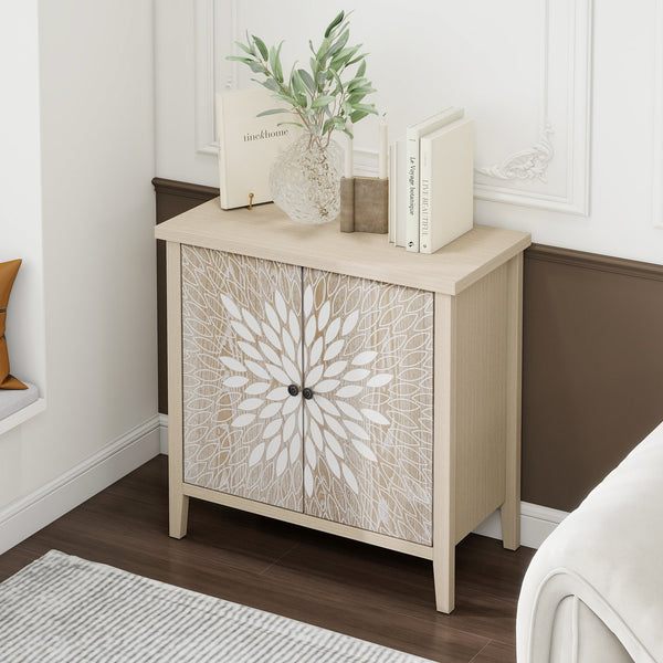 English Elm 2-Door Carved Storage Cabinet with Floral Handle, Adjustable Shelf, Anti-Tip Safety, Slim Design Natural W688P232767