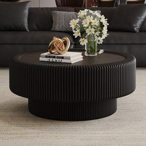English Elm 31.5" Fluted Leather Round Coffee Table Tempered Glass Lift Top Hidden Storage Modern Black W3158P450847
