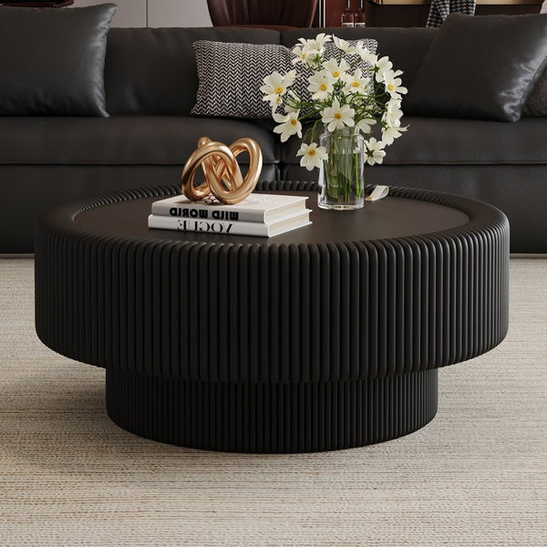 English Elm 31.5" Fluted Leather Round Coffee Table Tempered Glass Lift Top Hidden Storage Modern Black W3158P450847