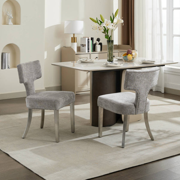 English Elm Mid Century Modern Dining Chairs with Copper Nail Trim, Plush High-Density Foam Seats, Brushed Steel Legs Gray W1143P314900