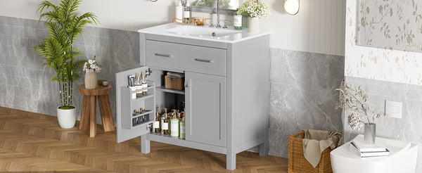 English Elm 30" Modern Bathroom Vanity with Ceramic Sink and Soft-Close Doors, Solid Wood MDF Build, Sleek Handles Gray N729P263155E