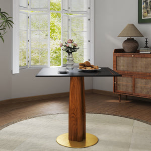 English Elm Modern Square Dining Table – 33.5" Sintered Stone & Wooden Legs, Chic Gold Base For Small Spaces W1535S00603