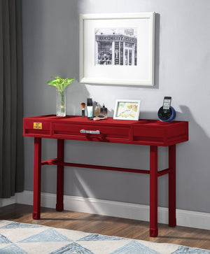 English Elm Cargo Red Finish Vanity Desk with Metal Frame, Drawer Storage & Iron Plate Top for Stylish Durability B2726P263386