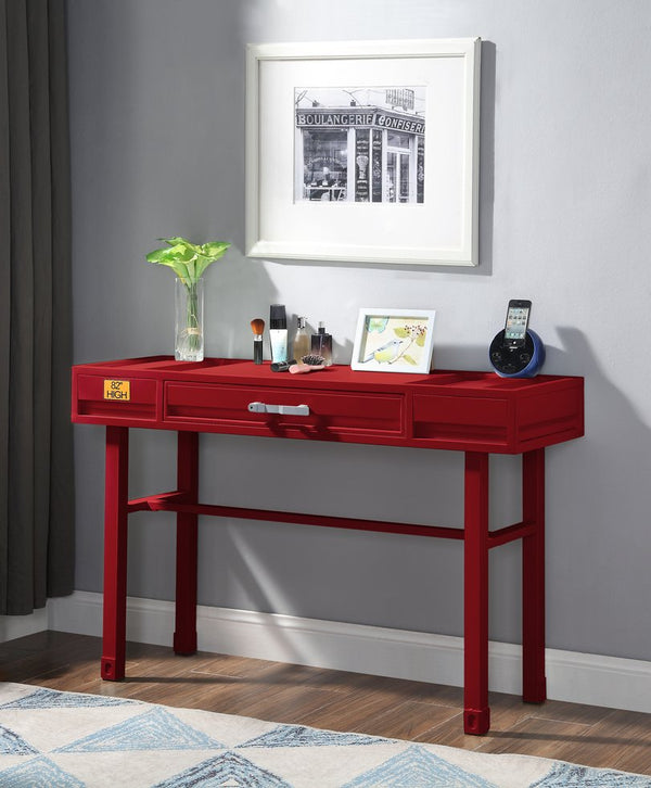 English Elm Cargo Red Finish Vanity Desk with Metal Frame, Drawer Storage & Iron Plate Top for Stylish Durability B2726P263386