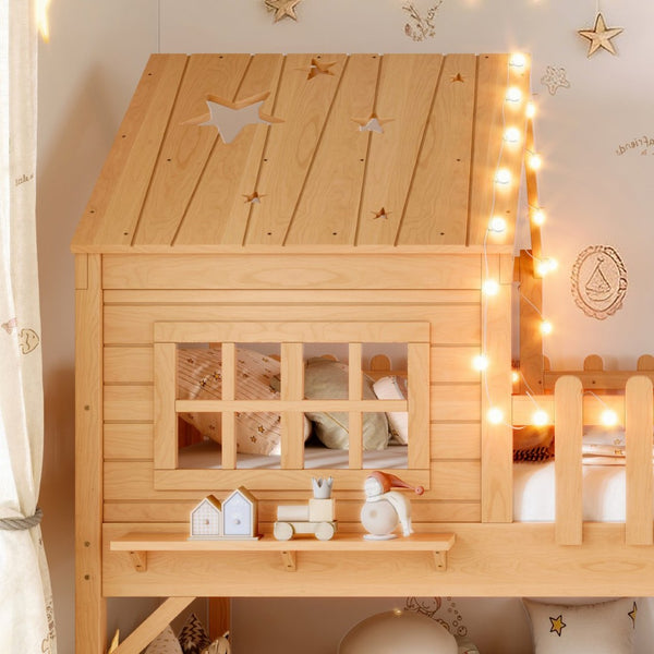 English Elm Twin Playhouse Loft Bed Solid Pine Frame with Slide Led Lights and Star Roof Natural W5316S00002