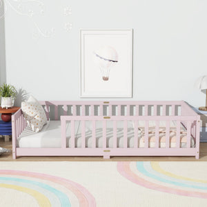English Elm Twin Low Profile Rubberwood Floor Bed with Full Safety Fence for Toddler Rooms Pink W504P429338