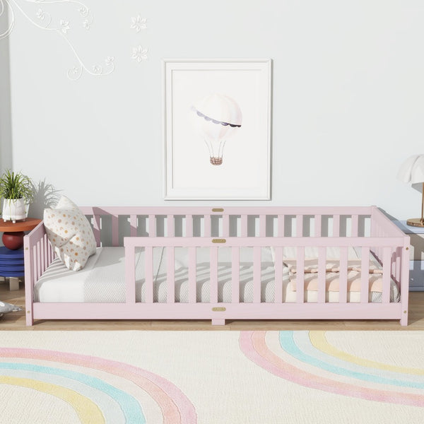 English Elm Twin Low Profile Rubberwood Floor Bed with Full Safety Fence for Toddler Rooms Pink W504P429338