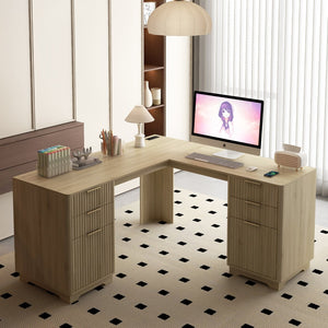 English Elm L Shaped Corner Desk with Storage Cabinet and Built in Charging Station for Home Office W1321S00038
