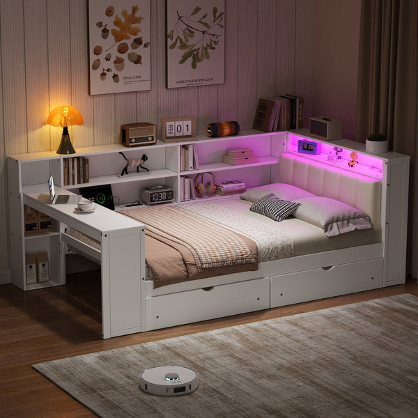 English Elm Wood Full Size Gaming Loft Bed with Integrated Desk, Shelves, LED Lighting & Hanging Clothes Rack Beige+White N7090001047K