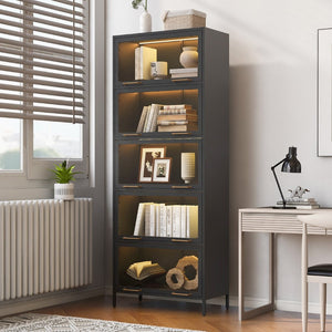 English Elm 76.75'' Tall Steel Barrister Bookcase with Led Lit Shelves and Brass Hardware Display Black SN845P397473B