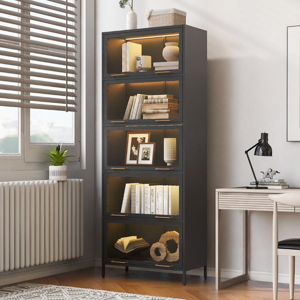 English Elm 76.75'' Tall Steel Barrister Bookcase with Led Lit Shelves and Brass Hardware Display Black SN845P397473B