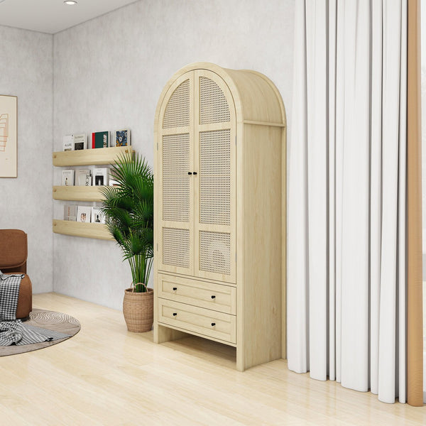 English Elm 70.28" Arched Kitchen Pantry Cabinet with Rattan Doors, 2 Drawers, Adjustable Shelves & Safety W688S00057