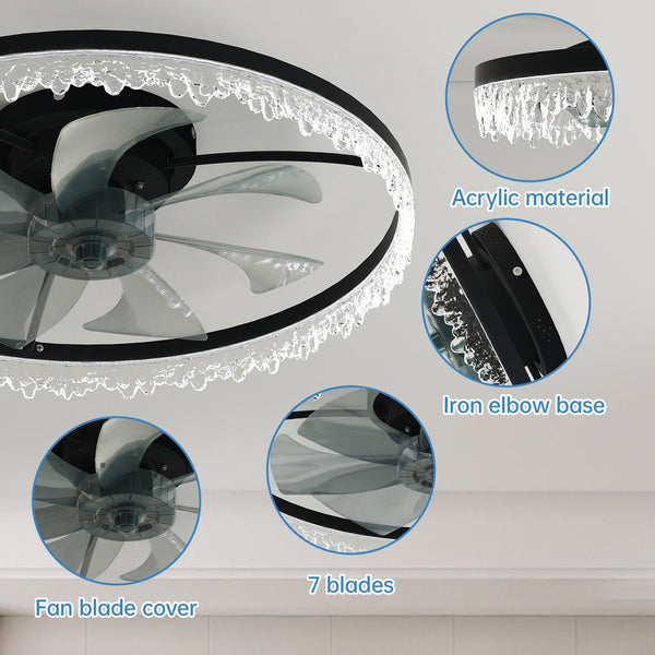 English Elm Luxury Crystal 24'' Flush LED Chandelier Fan with 5 Invisible Blades, Remote & App Control, Dimmable 3000-6500K Timer W2312P368703