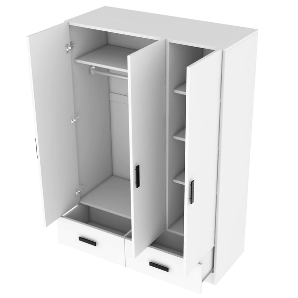 English Elm 3 Door Wardrobe Closet with Drawers, Shelves & Aluminum Rod — Durable MDF Pine, 47.2"L x 20"W x 67.7"H white GX001837AAK