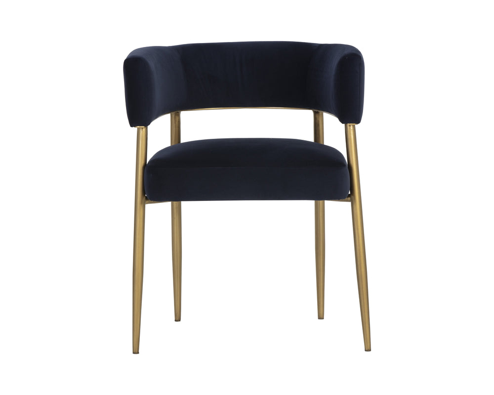 Sunpan Maestro Contemporary Dining Armchair with Curved Frame and Antique Brass Legs for Elegant Dining Abbington Navy