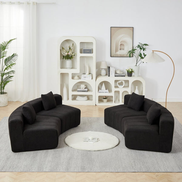 English Elm Two Curved Chenille Sectional Sofa with Sculptural Modular Design and Four Throw Pillows Black W834S00579