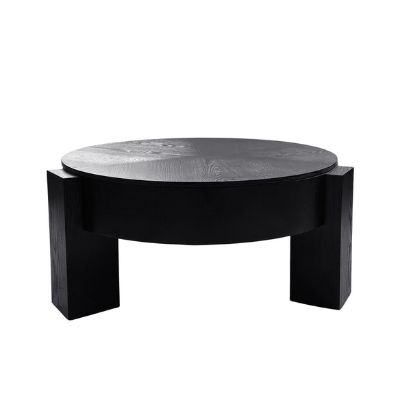 English Elm 33'' Round Coffee Table Parquet Veneer Flip Top Hidden Storage Wabi-sabi Living Room Black W1435P419322