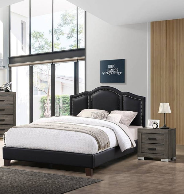 English Elm Contemporary Queen Bed Three Panel Faux Leather Headboard Architectural Bedroom Frame B011S02053