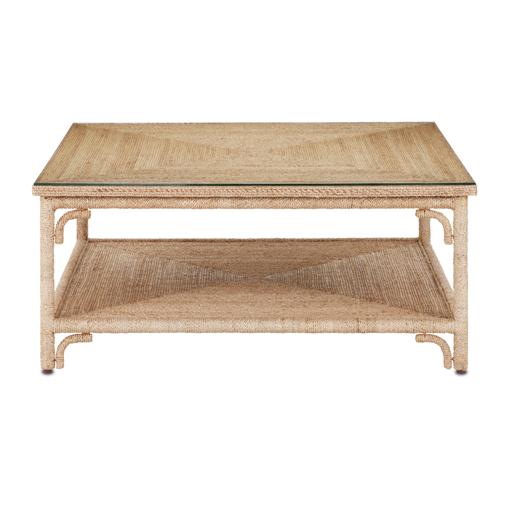 Olisa Rope Cocktail Table - Natural Elegance with Braided Abaca, Glass Top & Storage Shelf, 40"