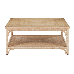 Olisa Rope Cocktail Table - Natural Elegance with Braided Abaca, Glass Top & Storage Shelf, 40"
