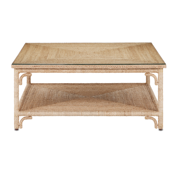 Olisa Rope Cocktail Table - Natural Elegance with Braided Abaca, Glass Top & Storage Shelf, 40"