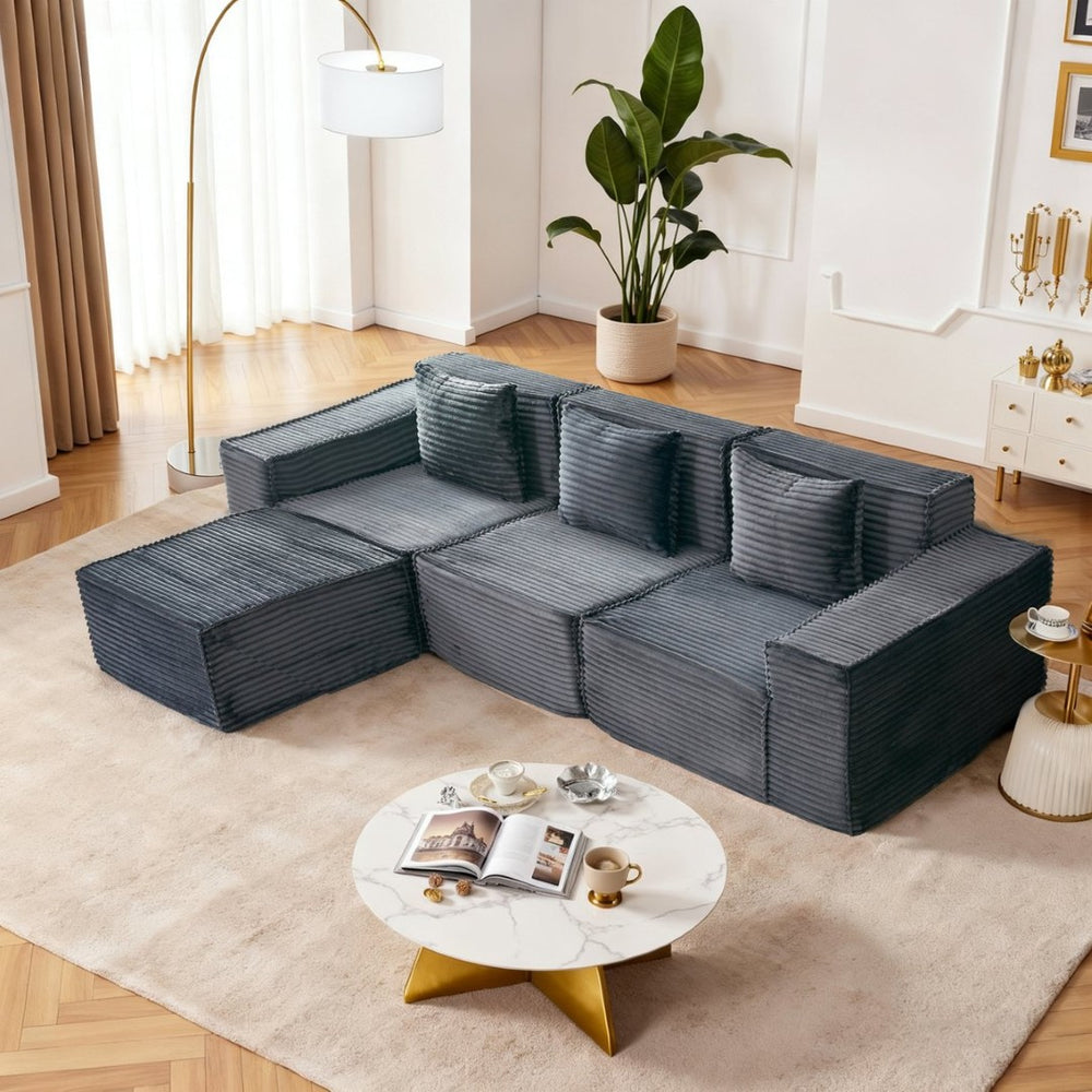 English Elm L-shaped Corduroy Sectional with Ottoman Three Seat Modular Sofa for Modern Living Dark Gray W2699S00080