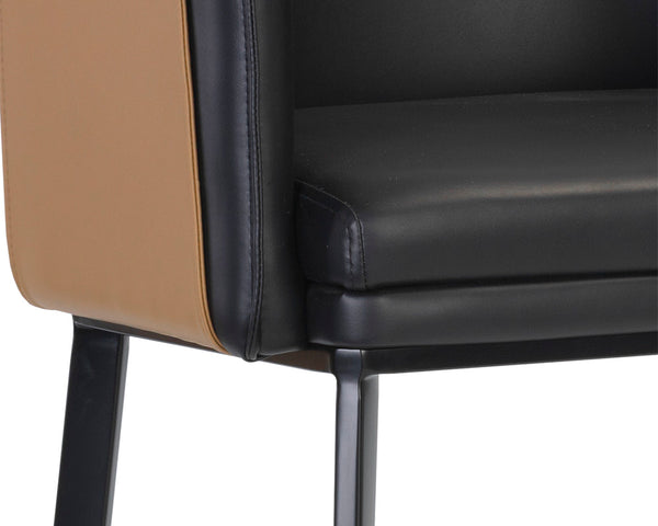 Sunpan Carter Barrel Back Barstool in Faux Leather with Black Steel Legs and Copper Foot Caps for Elegance Napa Black / Napa Cognac