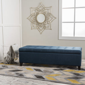 English Elm Upholstered Boucle Storage Bench Soft Close Flip Top Rubberwood Legs Bedroom Entryway Navy Blue N779P395018N