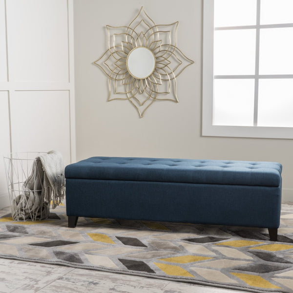 English Elm Upholstered Boucle Storage Bench Soft Close Flip Top Rubberwood Legs Bedroom Entryway Navy Blue N779P395018N