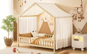 English Elm Montessori House Bed Frame Twin with Canopy & Full Guardrails, Cozy Kids Platform Bed for Toddlers Natural 77.8 L x 17.25 W x 7 H N733P356048M