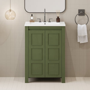English Elm 24" Vintage Style Small Bathroom Vanity Olive Green with Ceramic Sink, Soft-Close Doors, Shelf (95) N729P292015F