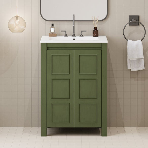 English Elm 24" Vintage Style Small Bathroom Vanity Olive Green with Ceramic Sink, Soft-Close Doors, Shelf (95) N729P292015F