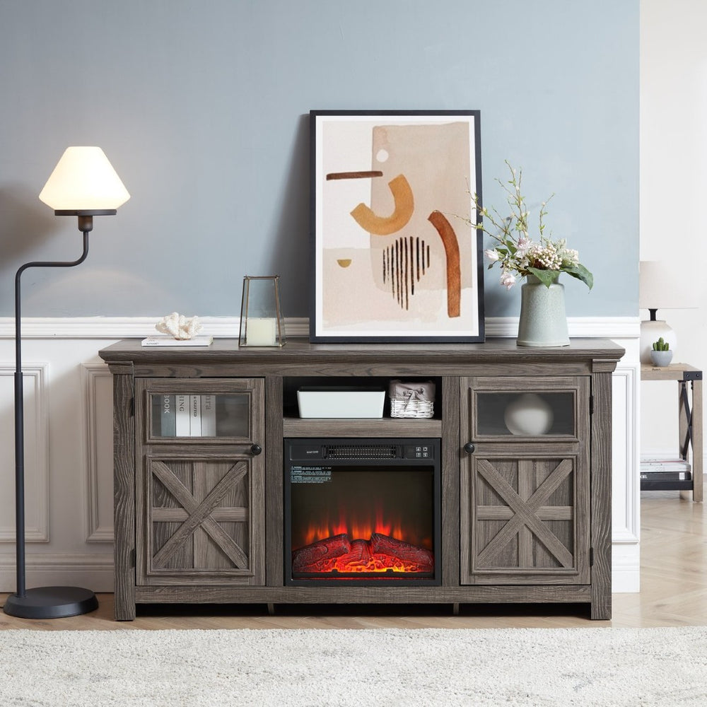 English Elm 2 Door Farmhouse Tv Console with Electric Fireplace Barn Style Grey Finish 60 Inch W1758S00025