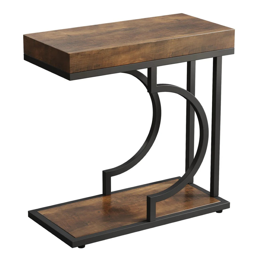 English Elm Modern Two Tier End Table Black Metal Frame Wood Grain Surface for Living Room T3971P456314