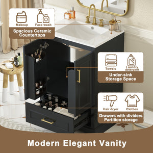 English Elm 24"Bathroom Modern Vanity with Ceramic Sink, Solid Wood Frame, Soft-Close Doors & Smart Storage System Black N729P321378B