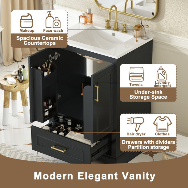 English Elm 24"Bathroom Modern Vanity with Ceramic Sink, Solid Wood Frame, Soft-Close Doors & Smart Storage System Black N729P321378B