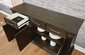 English Elm Contemporary Rustic Server with Solid Wood Accents, Molded Details and Functional Storage Drawers for Dining Room Furniture Espresso,Warm Grey 63 L x 22 W x 41 H B2741P309204